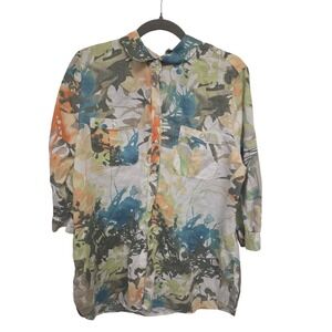 Chico's Size 3 XL 100% Linen Botanical Print Button Front Blouse Roll Tab Sleeve
